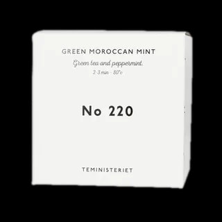 Opakowanie herbaty Teministeriet No 220 Green Moroccan Mint, zawierającej zieloną herbatę z miętą pieprzową. Idealna do zaparzania w temperaturze 80°C przez 2–3 minuty. Pudełko w minimalistycznym stylu, białe z czarnymi napisami, typowe dla marki Teministeriet.