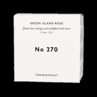 Opakowanie herbaty Teministeriet No 270 Green Island Rose, zawierającej zieloną herbatę z dodatkiem mango, marakui i róży. Idealna do zaparzania w temperaturze 80°C przez 2–3 minuty. Pudełko w eleganckim, minimalistycznym stylu, białe z czarnymi napisami, charakterystyczne dla marki Teministeriet.