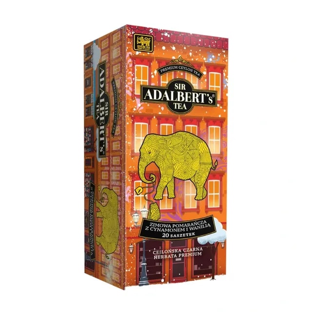 Karta herbaty Sir Adalbert's przedstawia opakowanie zimowej herbaty o smaku pomarańczy z cynamonem i wanilią, dostępnej w eleganckim pudełku zawierającym 20 saszetek. Produkt pochodzi z Cejlonu i wyróżnia się premium jakością, idealny na chłodniejsze dni, aby dodać odrobiny ciepła i aromatu.