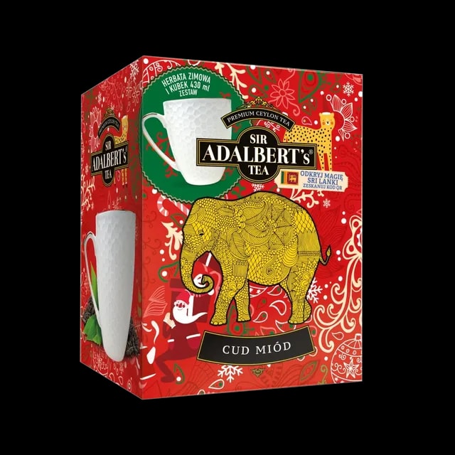 Zestaw herbaciany Sir Adalbert's Tea Cud Miód z zimową herbatą i eleganckim kubkiem o pojemności 430 ml. Wyjątkowy prezent na zimowe wieczory, inspirowany magią Sri Lanki, w atrakcyjnym opakowaniu z motywem słonia.