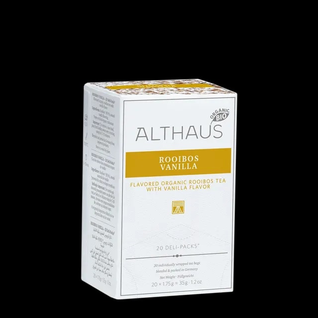Opakowanie herbaty Althaus Rooibos Vanilla, organiczna rooibos z aromatem wanilii, zawierające 20 indywidualnie pakowanych saszetek, z eleganckim żółto-białym designem, wyprodukowane w Niemczech
