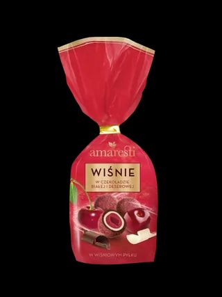 Opakowanie 160 g Amaretti Wiśnie w Czekoladzie – połączenie białej i deserowej czekolady, otulające soczyste wiśnie, obsypane wiśniowym pyłkiem.