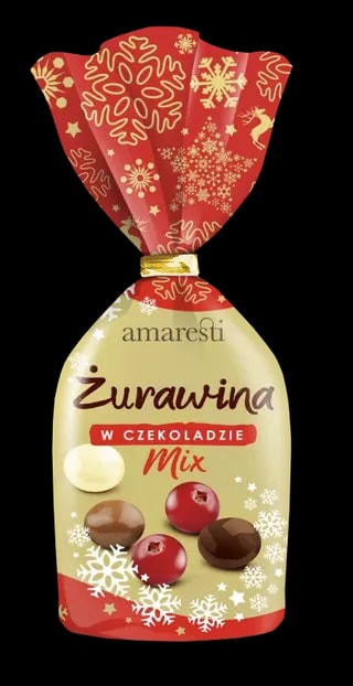 Opakowanie świąteczne Amaresti Żurawina w czekoladzie mix, zawierające żurawinę oblaną mleczną, białą i ciemną czekoladą. Idealny zimowy przysmak z czerwonymi motywami śnieżynek na opakowaniu.