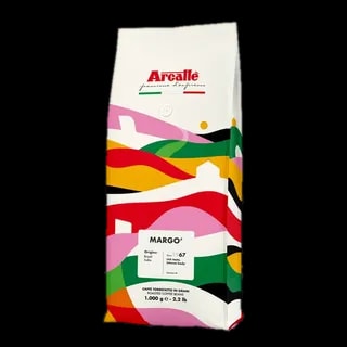 Opakowanie kawy ziarnistej Arcaffè Margo o wadze 1 kg, z charakterystyczną kolorową grafiką. Kawa o pochodzeniu z Brazylii i Indii, posiadająca bogaty, pełny smak.