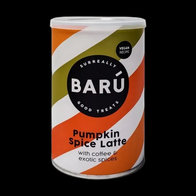 BARÚ Pumpkin Spice Latte 250 g – wegański napój instant z kawą, dynią i egzotycznymi przyprawami w kolorowym opakowaniu, idealny na jesienne dni.