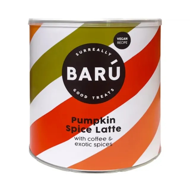 Opakowanie Pumpkin Spice Latte marki Barú, idealne do przygotowania aromatycznej kawy z dodatkiem egzotycznych przypraw. Produkt wegański, świetny wybór dla miłośników kawy pragnących dodać sezonowy smak do swojej ulubionej napoju.
