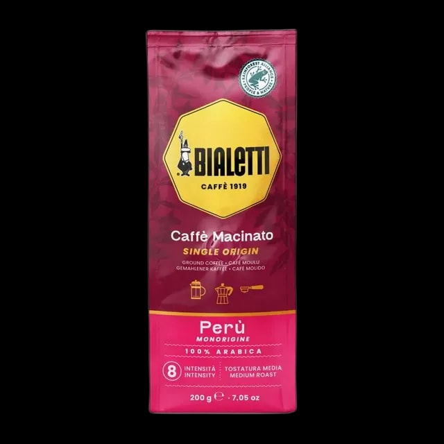 Opakowanie kawy mielonej Bialetti Caffè Macinato Peru Single Origin o wadze 200 g. Bordowe opakowanie z logo Bialetti na żółtym tle i informacją o 100% Arabice. Intensywność 8, średni stopień palenia, idealna do kawiarki, ekspresu przelewowego i French press. Wyjątkowy smak z regionu Peru dla prawdziwych koneserów kawy.