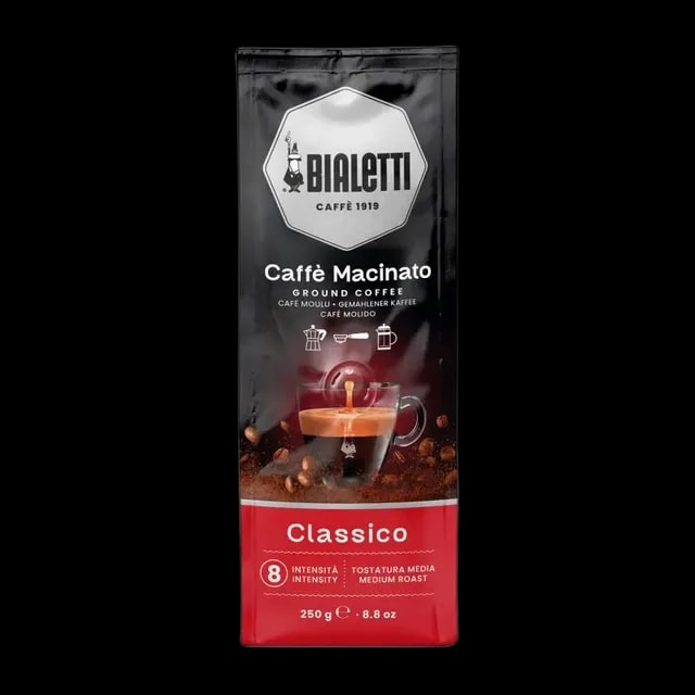 Opakowanie kawy ziarnistej Bialetti Caffè in Grani Classico o pojemności 1 kg. Czarne opakowanie z logo Bialetti, czerwonym akcentem i filiżanką espresso. Intensywność 8, średni stopień palenia, idealna do ekspresów automatycznych i młynków. Klasyczny smak włoskiej kawy dla miłośników aromatycznego espresso.