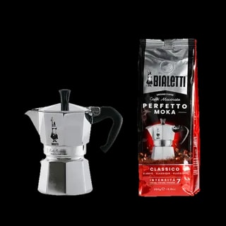 Zestaw Bialetti: srebrna kawiarka Moka Express o pojemności 3 filiżanek oraz kawa mielona Perfetto Moka Classico 250g o intensywności 7.