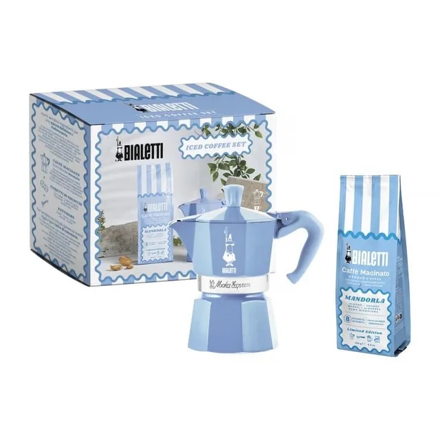 Bialetti Zestaw Moka Express 3tz Błękitna + Kawa Perfetto Moka Mandorla 250g