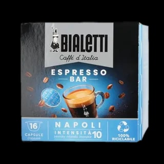 Opakowanie kapsułek do kawy Bialetti Napoli Espresso Bar, zawierające 16 sztuk. Opakowanie w kolorze czarno-niebieskim z dużym logo Bialetti na górze. Widoczna filiżanka espresso z kremową pianką oraz rozsypane ziarna kawy. Informacja o intensywności kawy (10/10) oraz logo wskazujące, że kapsułki są w 100% recyklingowane.