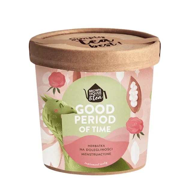 Pojemnik z herbatą "Good Period of Time" od Brown House & Tea, zaprojektowany z myślą o wsparciu podczas menstruacji. Estetyczna szata graficzna oraz naturalne składniki oferują zdrowy sposób na złagodzenie dolegliwości, idealny dla każdej miłośniczki herbaty.