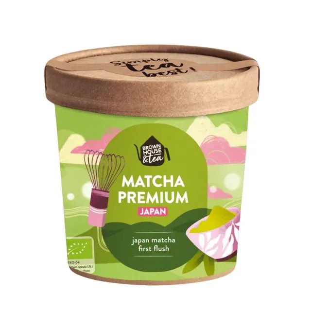 Opakowanie premium matcha z Japonii, idealne do przygotowania aromatycznej herbaty. Zielony proszek matcha, uzyskany z pierwszego zbioru, oferuje intensywny smak oraz liczne korzyści zdrowotne.