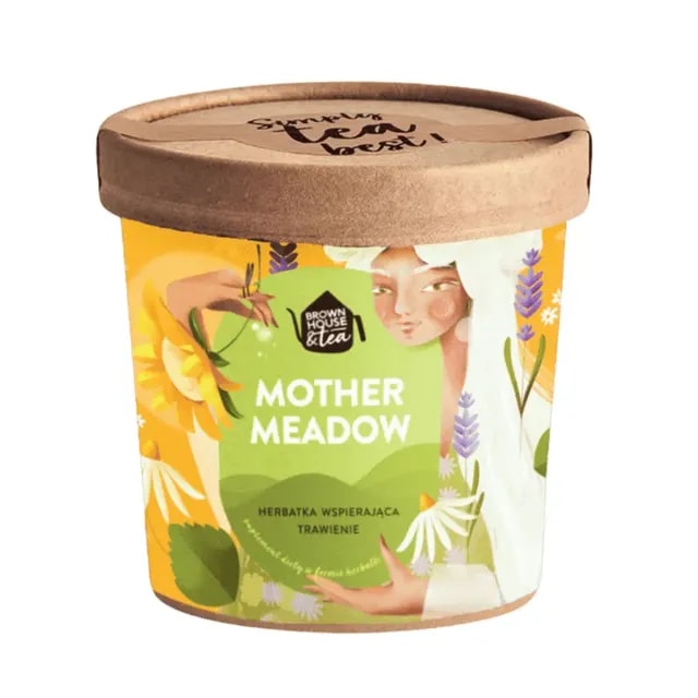 Opakowanie herbatki Mother Meadow, zaprojektowane z myślą o wsparciu trawienia. Kolorowa etykieta przedstawia naturalne składniki oraz przyjemny, relaksujący klimat, idealny dla miłośników zdrowego stylu życia.
