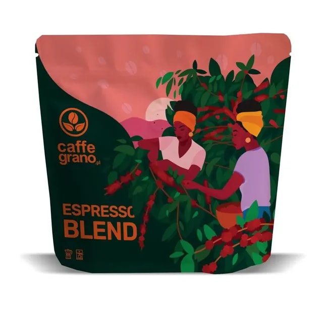 Opakowanie kawy Caffe Grano Espresso Blend 250g z ilustracją zbioru ziaren kawowca – mieszanka idealna do espresso, dostępna w sklepie Coffee Selection.