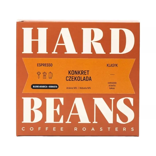 Opakowanie kawy espresso Hard Beans Konkret Czekolada 250g, łączącej w sobie aromatyczne nuty czekolady, orzechów i kakao. Idealny wybór dla miłośników klasycznych smaków, którzy cenią sobie wysoką jakość ziaren Arabica i Robusta.