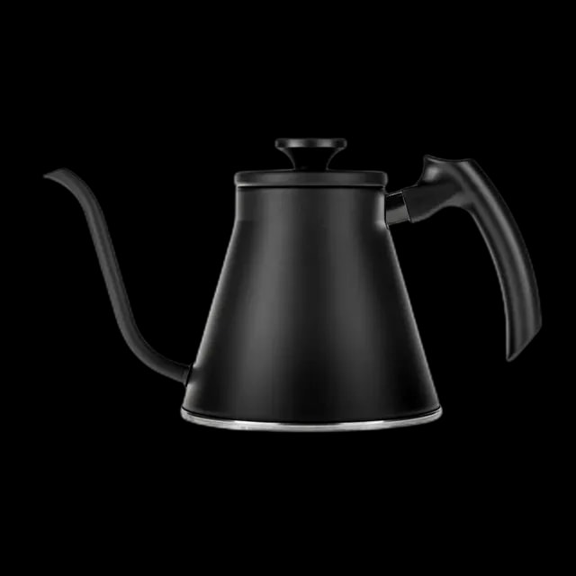 Stylowy czarny czajnik Hario V60 Drip Kettle Fit z precyzyjną wylewką typu „gooseneck”, idealny do metod przelewowych. Ergonomiczny uchwyt i wyważona konstrukcja zapewniają pełną kontrolę nad strumieniem wody, co ułatwia precyzyjne parzenie kawy.