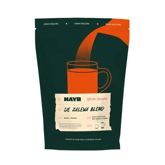 Opakowanie mielonej kawy HAYB Sie Zalewa Blend, idealnej do parzenia w kawiarce lub ekspresie. Kawa pochodzi z Brazylii i oferuje nuty mlecznej czekolady, orzechów oraz karmelu, wzbogacając każdą filiżankę wyjątkowym smakiem.