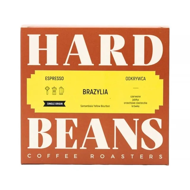 Opakowanie kawy espresso z Brazylii marki Hard Beans, zawierające ziarna Samambaia Yellow Bourbon. Idealne dla miłośników aromatycznej kawy z nutą czerwonych jabłek i orzechowych ciasteczek.