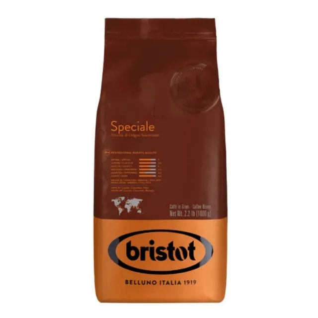 Opakowanie kawy Bristot Speciale o wadze 1 kg, idealne dla miłośników aromatycznego espresso. Wysokiej jakości mieszanka ziaren zapewnia intensywny smak i bogaty aromat, doskonała do przygotowania kawy w domowym zaciszu lub w kawiarniach.
