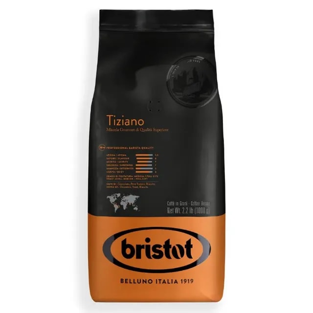 Opakowanie kawy ziarnistej Bristot Tiziano o wadze 1000g, które oferuje wyjątkowy smak i aromat. Idealna do przygotowania profesjonalnych naparów, ta mieszanka gourmet jest doskonałym wyborem dla miłośników kawy szukających najwyższej jakości.