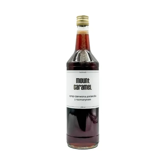 Szklana butelka o pojemności 1000 ml zawierająca syrop z czerwonej porzeczki z dodatkiem rozmarynu. Idealny do aromatyzowania kawy, herbaty oraz różnorodnych napojów, wnosząc wyjątkowy smak do codziennych przyjemności.