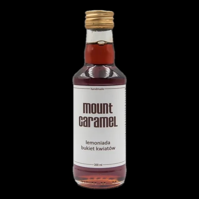 Mała przezroczysta butelka z ciemną lemoniadą 'Bukiet Kwiatów' Mount Carmel, ręcznie robiona, o pojemności 200 ml, z białą etykietą informującą o smaku i marce