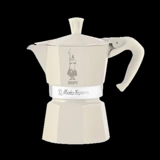 Elegancka kremowa kawiarka Bialetti Moka Express z kolekcji Wonderland, o pojemności 3 filiżanek, z subtelnym logo Bialetti. Idealna do parzenia aromatycznej, tradycyjnej kawy na kuchenkach gazowych i elektrycznych.