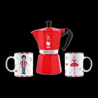 Zestaw Bialetti Moka Express Nutcracker składa się z czerwonej kawiarki Moka Express o pojemności 6 filiżanek oraz dwóch porcelanowych kubków ozdobionych świątecznym motywem dziadka do orzechów i baletnicy. Doskonały do przygotowania tradycyjnej włoskiej kawy espresso, kawiarka łączy funkcjonalność z pięknym, świątecznym designem, co czyni ją idealnym prezentem na święta.