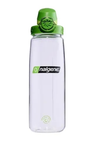 Przezroczysta butelka Nalgene o pojemności 0,7 litra z zieloną nakrętką typu OTF, idealna do codziennego użytku i aktywności outdoorowych.