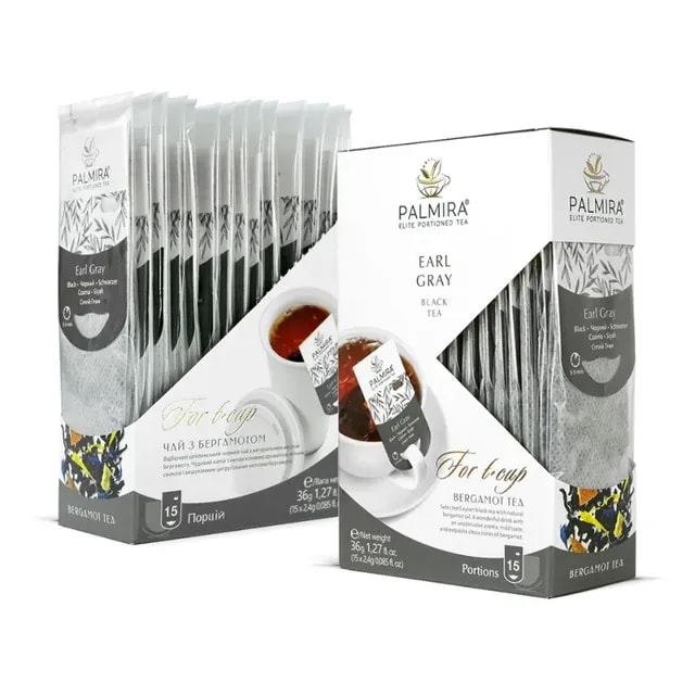 Na zdjęciu widoczna jest elegancka paczka herbaty Earl Grey marki Palmira, zawierająca 15 porcji aromatycznej herbaty czarnej z bergamotką. Oferowane opakowanie idealnie sprawdzi się w codziennym parzeniu herbaty, zapewniając wyjątkowy smak i aromat w każdej filiżance.