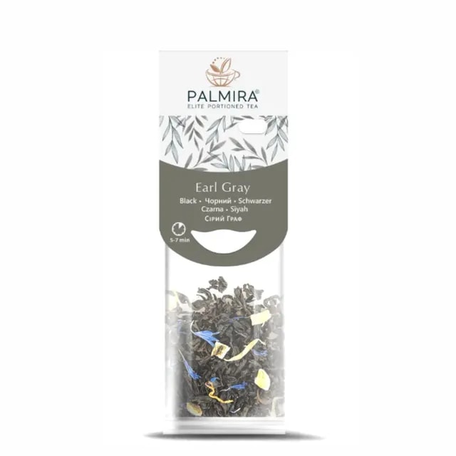 Opakowanie herbaty Earl Grey z linii Palmira, przedstawiające starannie dobrane liście czarnej herbaty z dodatkiem cytrusowych nut. Idealna na relaksujący wieczór, ta herbata jest dostępna w praktycznych porcjach, co ułatwia jej przygotowanie i zapewnia wyjątkowy smak.