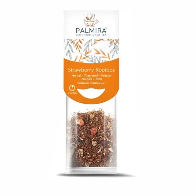 Opakowanie herbaty rooibos o smaku truskawkowym, idealne do parzenia ziołowych naparów. Produkt marki Palmira, oferujący wyjątkowe doznania smakowe w elitarnej porcji, doskonały dla miłośników herbaty i zdrowego stylu życia.
