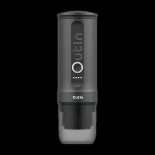 Przenośny ekspres do kawy Outin Nano Espresso Maker w kolorze szarym, na białym tle. Kompaktowy i lekki design, idealny do przygotowywania espresso w podróży, wyposażony w łatwy w obsłudze mechanizm oraz wytrzymałą konstrukcję