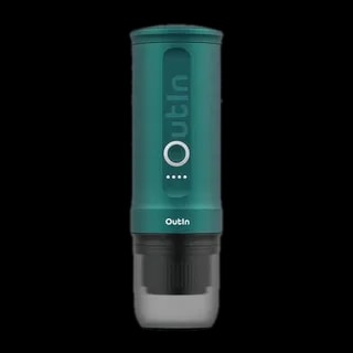 Przenośny ekspres do kawy Outin Nano Espresso Maker w kolorze turkusowym, na białym tle. Kompaktowy i lekki design, idealny do przygotowywania espresso w podróży, wyposażony w łatwy w obsłudze mechanizm oraz wytrzymałą konstrukcję
