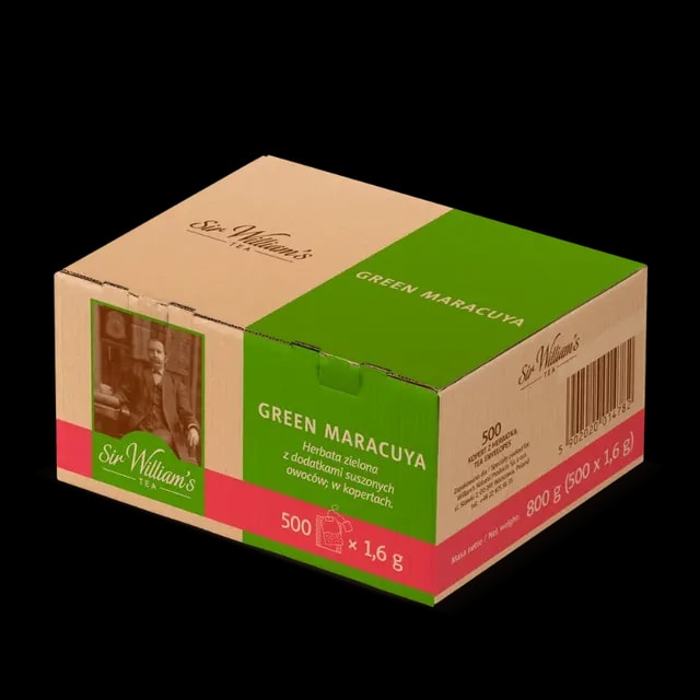 Opakowanie herbaty zielonej Green Maracuja zawierające 500 saszetek. Produkt marki Sir William's, wzbogacony o suszone owoce, idealny do każdego parzenia.