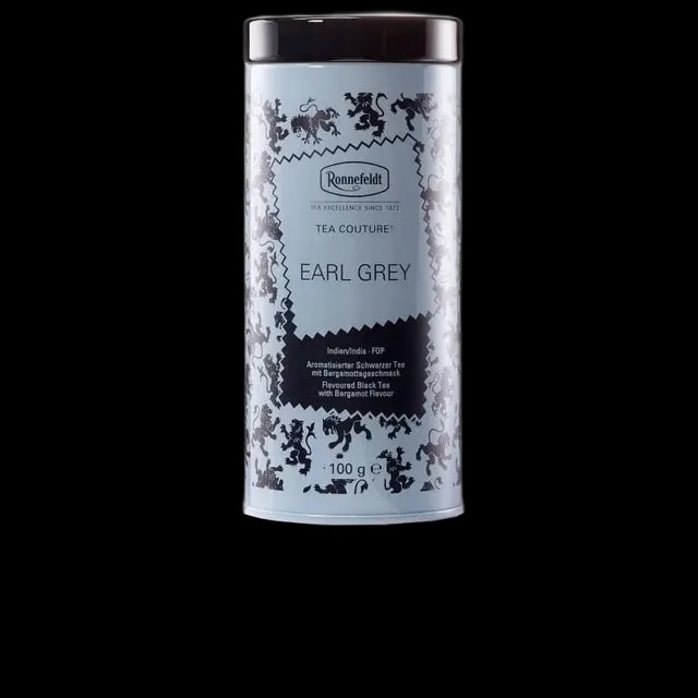 Herbata czarna Ronnefeldt Tea Couture Earl Grey w stylowej błękitnej puszce o pojemności 100 g. Aromatyzowana bergamotką, idealna dla miłośników klasycznych smaków.