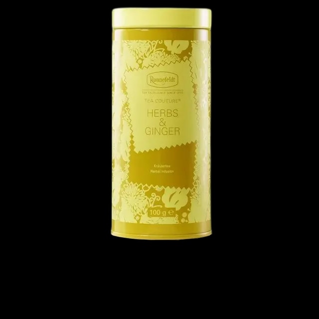 Herbatka ziołowa Ronnefeldt Tea Couture Herbs & Ginger w eleganckiej żółtej puszce, pojemność 100 g. Wyrazisty smak imbiru i aromatycznych ziół.