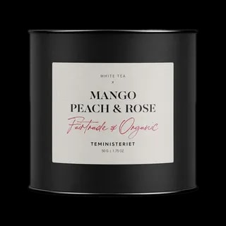 Czarna puszka herbaty Teministeriet Fairtrade Collection Mango Peach & Rose, organiczna biała herbata o smaku mango, brzoskwini i róży, 50g.