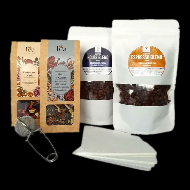 Zestaw prezentowy z produktami spożywczymi: herbata czarna Cytrusowy Dotyk, herbata czarna Złoto w Czerń, kawa ziarnista House Blend, kawa ziarnista Espresso Blend