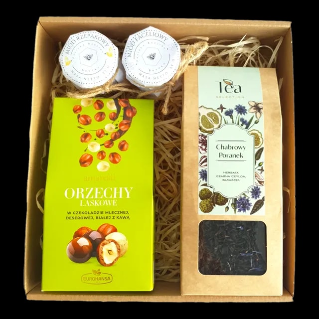 Zestaw prezentowy z produktami spożywczymi: orzechy laskowe w czekoladzie mlecznej, deserowej, białej z kawą, herbata czarna Ceylon Chabrowy Poranek, miód rzepakowy, miód akacjowy