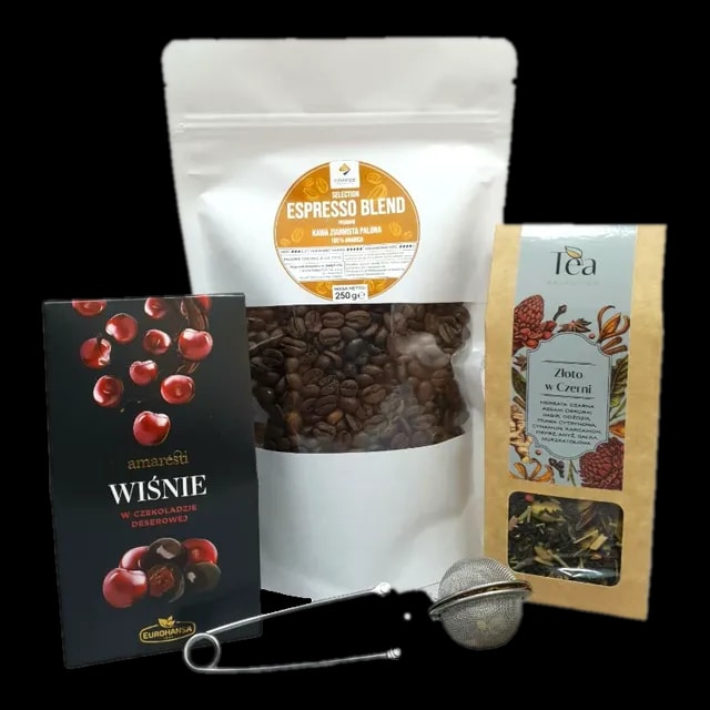 Zestaw prezentowy z produktami spożywczymi: wiśnie w czekoladzie deserowej, kawa Espresso Blend, herbata czarna Złoto w Czerń