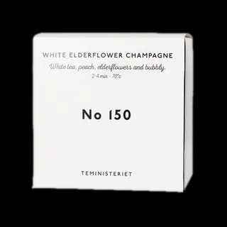 Opakowanie herbaty Teministeriet No 150 White Elderflower Champagne, zawierającej białą herbatę, brzoskwinię, kwiaty bzu i nutę bąbelków. Herbata zalecana do zaparzania w temperaturze 70°C przez 2–4 minuty. Minimalistyczne białe pudełko z czarnymi napisami, typowe dla eleganckiego stylu marki Teministeriet.