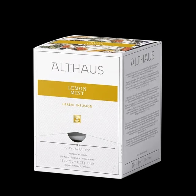 Opakowanie herbaty ziołowej Althaus Lemon Mint, orzeźwiająca infuzja z miętą i cytryną, zawierające 15 indywidualnie pakowanych saszetek, z eleganckim żółto-białym designem, wyprodukowane w Niemczech