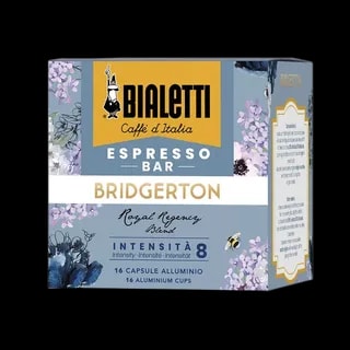 Duże opakowanie 16 aluminiowych kapsułek kawy Bialetti z serii Espresso Bar, edycja Bridgerton Royal Regency Blend, intensywność 8, ozdobione kwiatami w odcieniach niebieskiego i żółtego