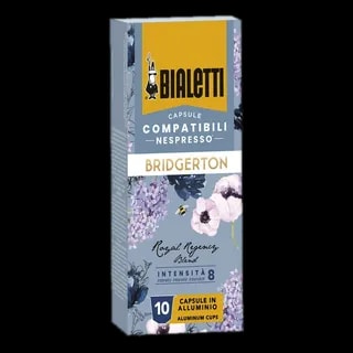 Opakowanie kapsułek kawy Bialetti Bridgerton Royal Regency Blend, kompatybilnych z Nespresso, intensywność 8, zawierające 10 aluminiowych kapsułek, ozdobione kwiatowym wzorem w stylu regencyjnym