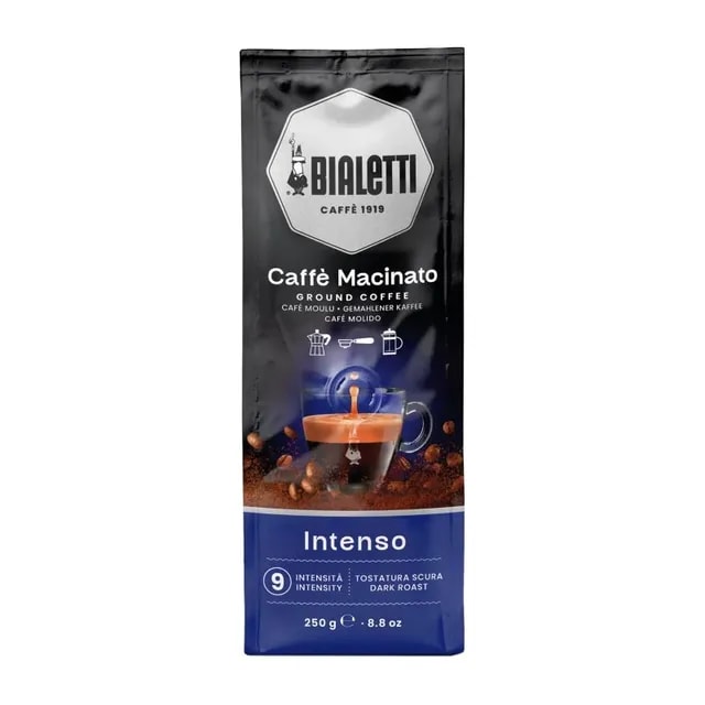 Mielona kawa Bialetti Caffè Macinato o intensywnym smaku, idealna do parzenia w filiżance lub ekspresie. Opakowanie 250g zachwyca miłośników aromatycznego espresso oraz bogatych, kawowych doznań.
