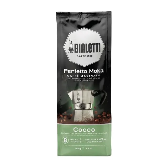 Opakowanie kawy mielonej Bialetti Perfetto Moka z nutą kokosa, idealne do espresso i kawy moka. Wyjątkowy smak i intensywność 8, sprawiają, że każda filiżanka to prawdziwa przyjemność dla koneserów kawy.