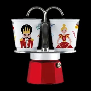 Bialetti Kawiarka Mini Nutcracker to świąteczny zestaw kawiarki w czerwonym kolorze, zawierający dwie porcelanowe filiżanki ozdobione motywami dziadka do orzechów i baletnicy. Idealna do przygotowania dwóch filiżanek kawy jednocześnie, kawiarka łączy tradycyjny włoski styl z kolorowym, świątecznym designem.