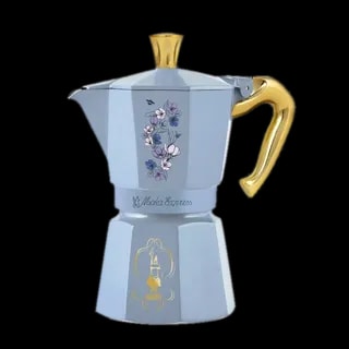 Niebieska kawiarka Bialetti Moka Express edycja Bridgerton z złotym uchwytem i dekoracyjnym motywem kwiatowym, idealna do tradycyjnego przygotowywania włoskiej espresso
